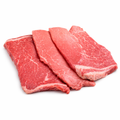 Three raw beef steaks on a white background