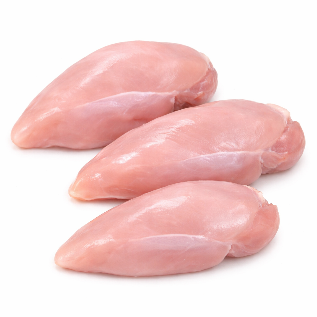 Three pieces of raw chicken breast on a white background