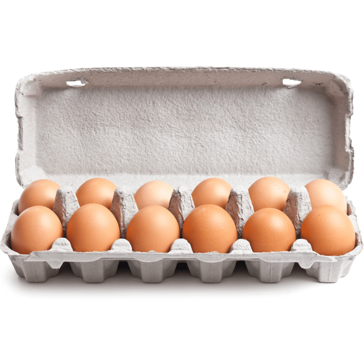 Carton of brown certified halal eggs on a white background