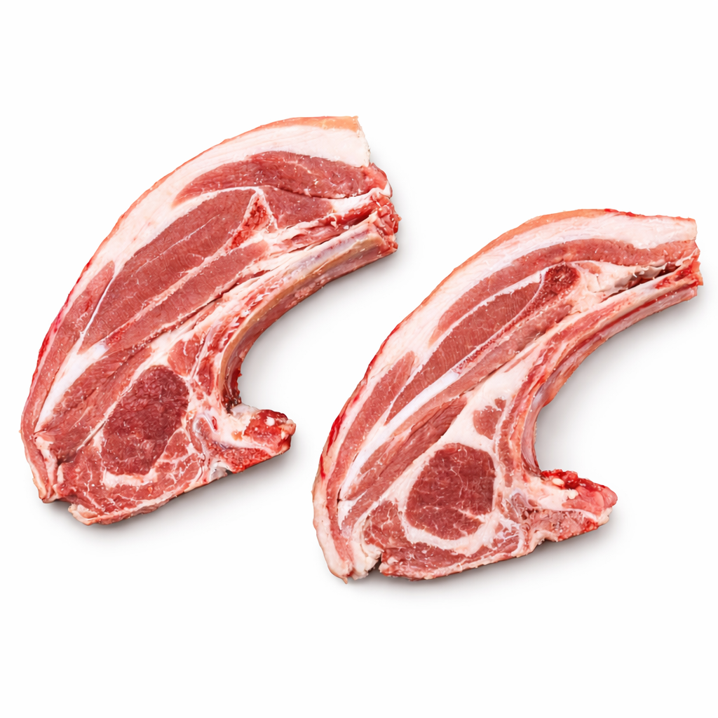 Two raw lamb chops on a white background